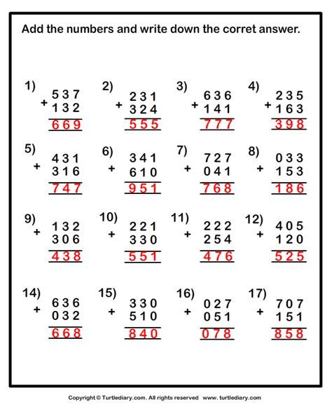 adding 3 digit numbers with answer key.